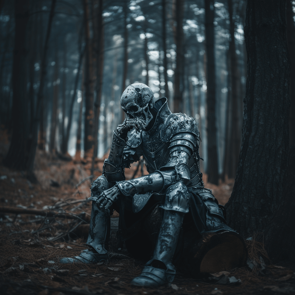 A skeleton warrior in the woods, wondering